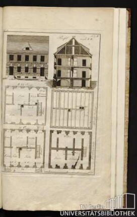 Bl. 5, No. V. Profil nach A. B. A 2te Etage, 1te Etage B, Dachbalkenlage, Souterrain.