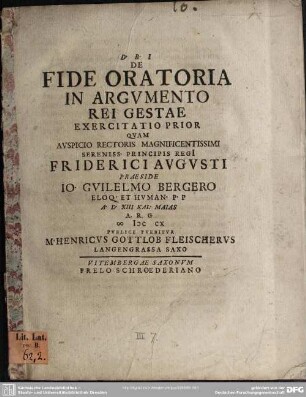 De Fide Oratoria In Argumento Rei Gestae : Exercitatio Prior
