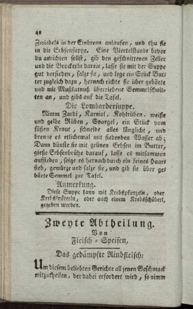 Zweyte Abtheilung. Von Fleisch-Speisen.