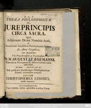 Thema Philosophicum De Jure Principis Circa Sacra