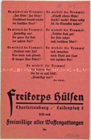 Beitrittsaufruf des Freikorps Hülsen zum Einsatz gegen den Dritten Polnischen Aufstand in Oberschlesien