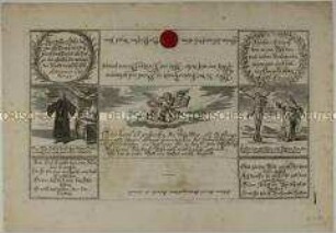 Faltbrief mit 9 Text/Bildfeldern zum 200. Jahrestag der Augsburger Konfession (Vorderseite oben)