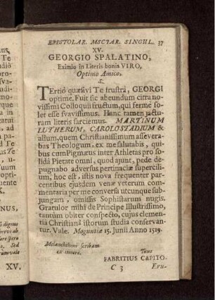 XV. Georgio Spalatino, Eximio in Literis bonis Viro ... / Fabritius Capito