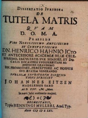Dissertatio iuridica de tutela matris