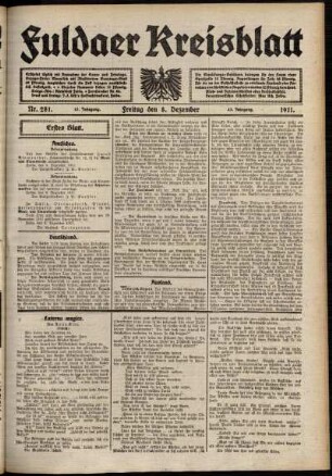 Erste Ausgabe vom Freitag, den 08. Dezember 1911.