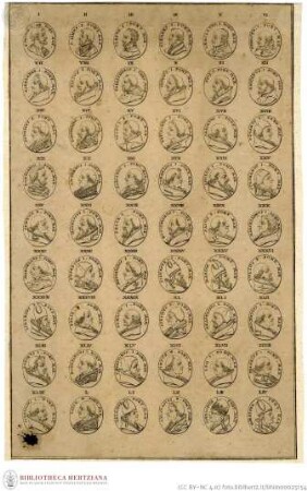 Unbekannte Serie je 54 numerierter Papstbildnisse in hochovalen Medaillons, 54 (6x9 angeordnete) Papstporträts in numerierten, hochovalen Medaillons: Hl. Petrus bis Hormisda I. (Nr. I bis Nr. LIV)