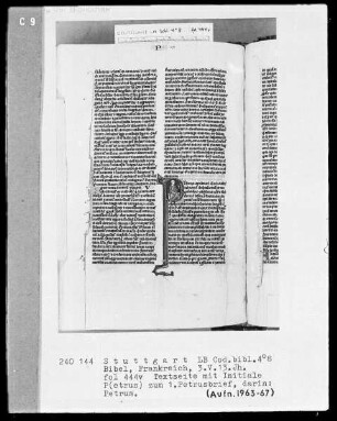 Lateinische Taschenbibel — Initiale P (etrus apostolus), darin der Apostel Petrus, Folio 444verso