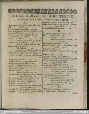 Index Rerum In Hoc Tertio Epistolarum Lutheri Tomo Contentorum