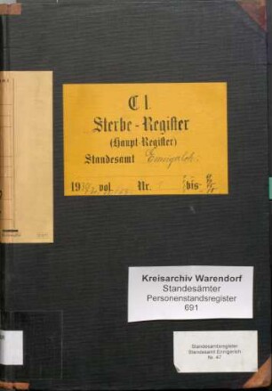 Sterberegister des Standesamtes Ennigerloh von 1930 (Urkunden-Nr. 1-69), von 1931 (Urkunden-Nr. 1-44), von 1932 (Urkunden-Nr. 1-48) und von 1933 (Urkunden-Nr. 1-58)