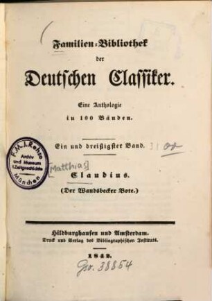 Der Wandsbecker Bote : (Auswahl d. Besten u. Schönsten aus Claudius Schriften.)