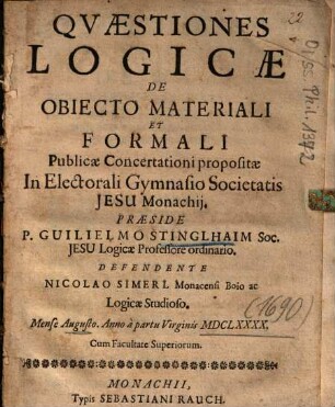 Qvaestiones Logicae De Obiecto Materiali Et Formali