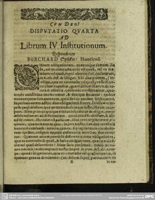 Disputatio Quarta Ad Librum IV Institutionum. Respondente Burchard Spilcker, Hamelensi