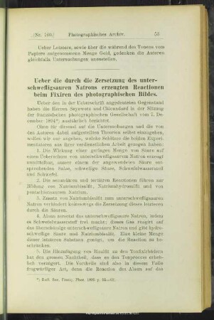 Ueber die durch die Zersetzung des unterschwefligsauren Natrons erzeugten Reactionen beim Fixiren des photographischen Bildes
