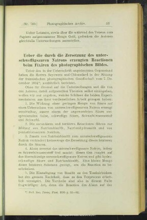Ueber die durch die Zersetzung des unterschwefligsauren Natrons erzeugten Reactionen beim Fixiren des photographischen Bildes