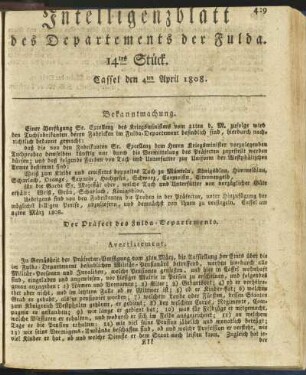 14tes Stück. Cassel den 4ten April 1808