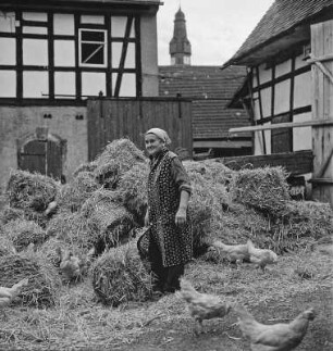 Landleben : Altmörbitz. Portrait einer alten Bäuerin auf ihrem Hof zwischen Stroh und Hühnern