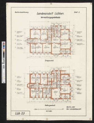 Bestandszeichnung des Verwaltungsgebäudes der Landesanstalt Lübben. Bl. 1 - Grundrisse Keller- und Erdgeschoss