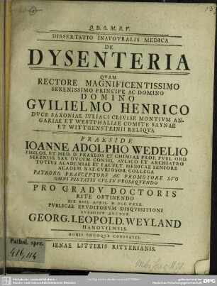 Dissertatio Inauguralis Medica De Dysenteria
