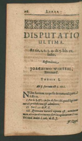 Disputatio Ultima. Respondente Joachimo Winterl