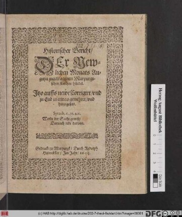 Historischer Bericht/ Der Newlichen Monats Augusti zugetragenen Marpurgischen Kirchen händel