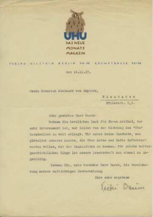 Korrespondenz von Vicki Baum an Roderich Freiherr von Ompteda