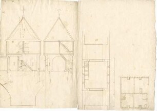 Querschnitt und Längsschnitt durch den Brückenturm (Tinte, Folio); Grundriss der Brückenstube (Tinte, Folio)