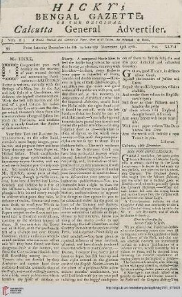 47: Hicky's Bengal gazette, or The original Calcutta general advertiser
