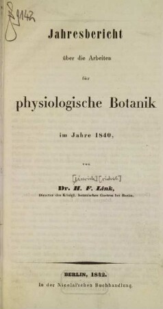 Jahresbericht über die Arbeiten für physiologische Botanik im Jahre 1840