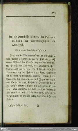 An die Preußische Armee, bei Bekanntmachung des Friedensschlusses mit Frankreich