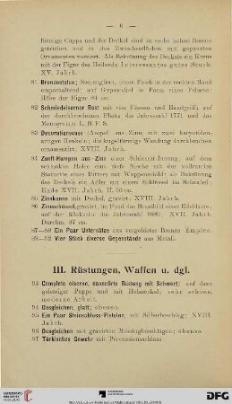 III. Rüstungen, Waffen u. dgl. (Nr. 93-116)