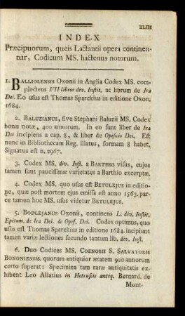 Index Praecipuorum, queis Lactantii opera continentur, Codicum MS. hactenus notorum