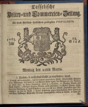 12. Stueck, Montag den 21ten Martii 1763
