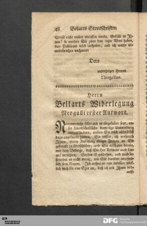 Herrn Bellarts Widerlegung Neogalli erster Antwort.