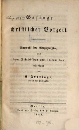 Gesänge christlicher Vorzeit : Auswahl der Vorzüglichsten