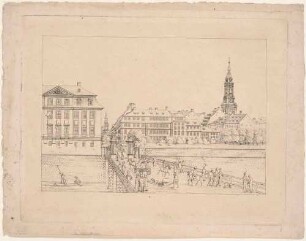 Das Seetor in Dresden kurz vor dessen Demolierung 1812, Blick nach Norden in die Seestraße, links das spätere Ministerium des Inneren, rechts der Turm der Kreuzkirche