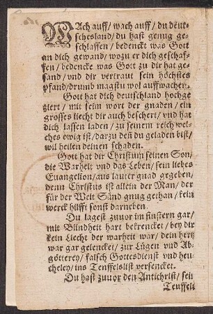 WAch auff/ wach auff/ du deut=||sches land/ du hast genug ge=||schlaffen/