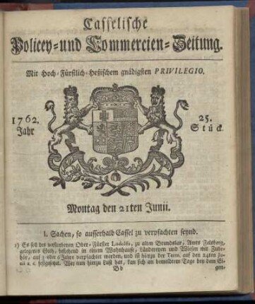 25. Stueck, Montag den 21ten Junii 1762