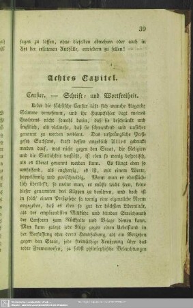 Achtes Capitel. Censur. - Schrift- und Wortfreiheit