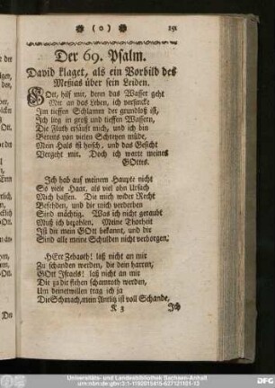 Der 69. Psalm. David klaget, als ein Vorbild des Meßias über sein Leiden.