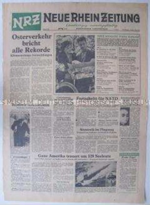 Titelblatt der Tageszeitung "Neue Rhein Zeitung" (NRZ) u.a. zur Fahndung nach einem ehemaligen SS-Hauptsturmführer