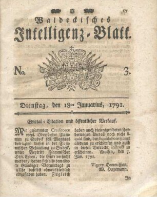 No. 3, Dienstag, den 18ten Januarius, 1791