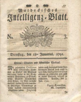 No. 3, Dienstag, den 18ten Januarius, 1791