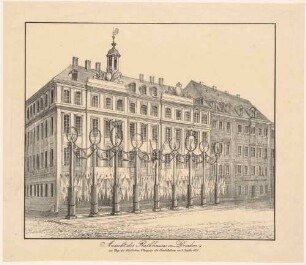 Das feierllich geschmückte Rathaus am Altmarkt in Dresden am 4. September 1831, anlässlich der Übergabe der ständischen Verfassung