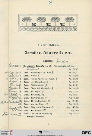 I. Abteilung. Gemälde, Aquarelle etc. (Nr. 1-220)