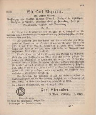 126. Verordnung, betreffend die Abänderung einiger Bestimmungen der Gewerbeordnung