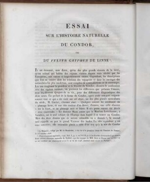 Essai sur L'Histoire Naturelle du Condor, ou du Vultur Gryphus de Linne.