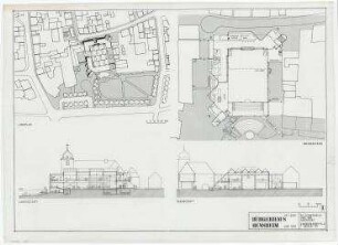 Wettbewerb Bürgerhaus Bensheim, Umbau Dalberger Hof (nicht realisiert) – Lageplan, Grundriss EG, Längsschnitt, Querschnitt. Bensheim/Hessen