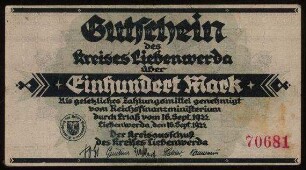 Gutschein des Kreises Liebenwerda über Einhundert Mark