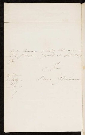 Brief von Clara Schumann an Constanze Dawison. Dresden, 01.10.1847. Blatt 1 verso aus: Dresden: SLUB Mscr.Dresd.h.36,98