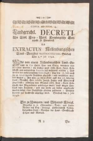 Copia Ad Num. 4. Landgerichtl. Decreti. ...